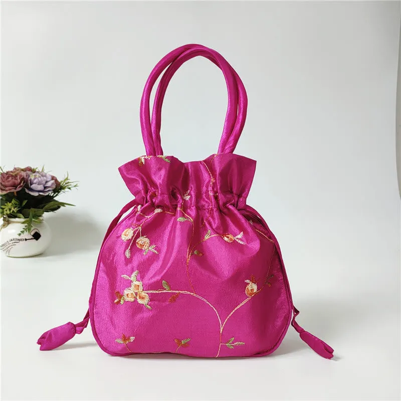 Embroidery Floral Clutch Drawstring Bucket Bag Handbag Party Bag