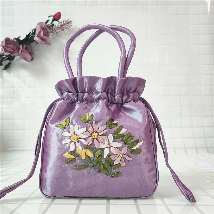 Embroidery Floral Clutch Drawstring Bucket Bag Handbag Party Bag