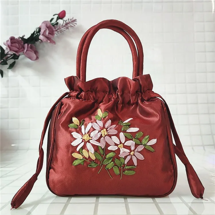 Embroidery Floral Clutch Drawstring Bucket Bag Handbag Party Bag