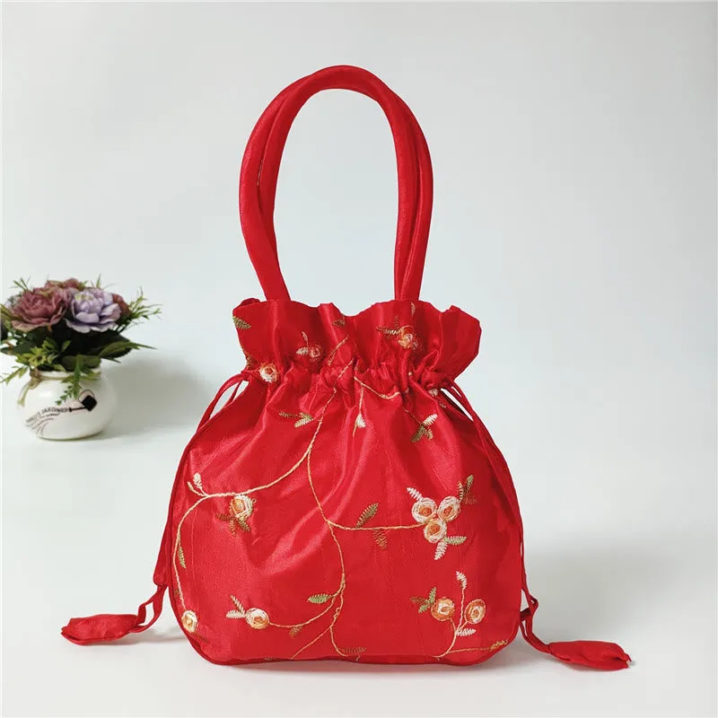 Embroidery Floral Clutch Drawstring Bucket Bag Handbag Party Bag