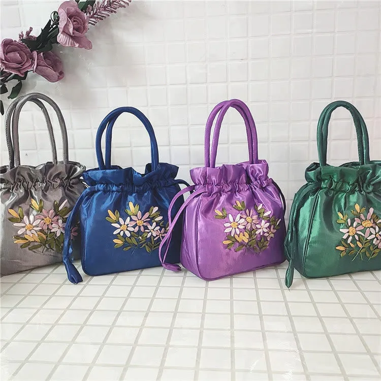 Embroidery Floral Clutch Drawstring Bucket Bag Handbag Party Bag