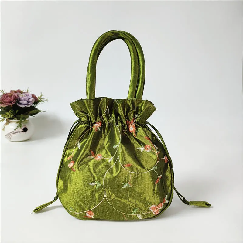 Embroidery Floral Clutch Drawstring Bucket Bag Handbag Party Bag