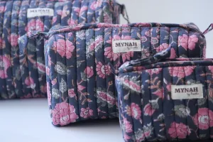 'INDIAN ROSE GARDEN' hand block printed quilted travel/makeup zipper pouch-set of 3