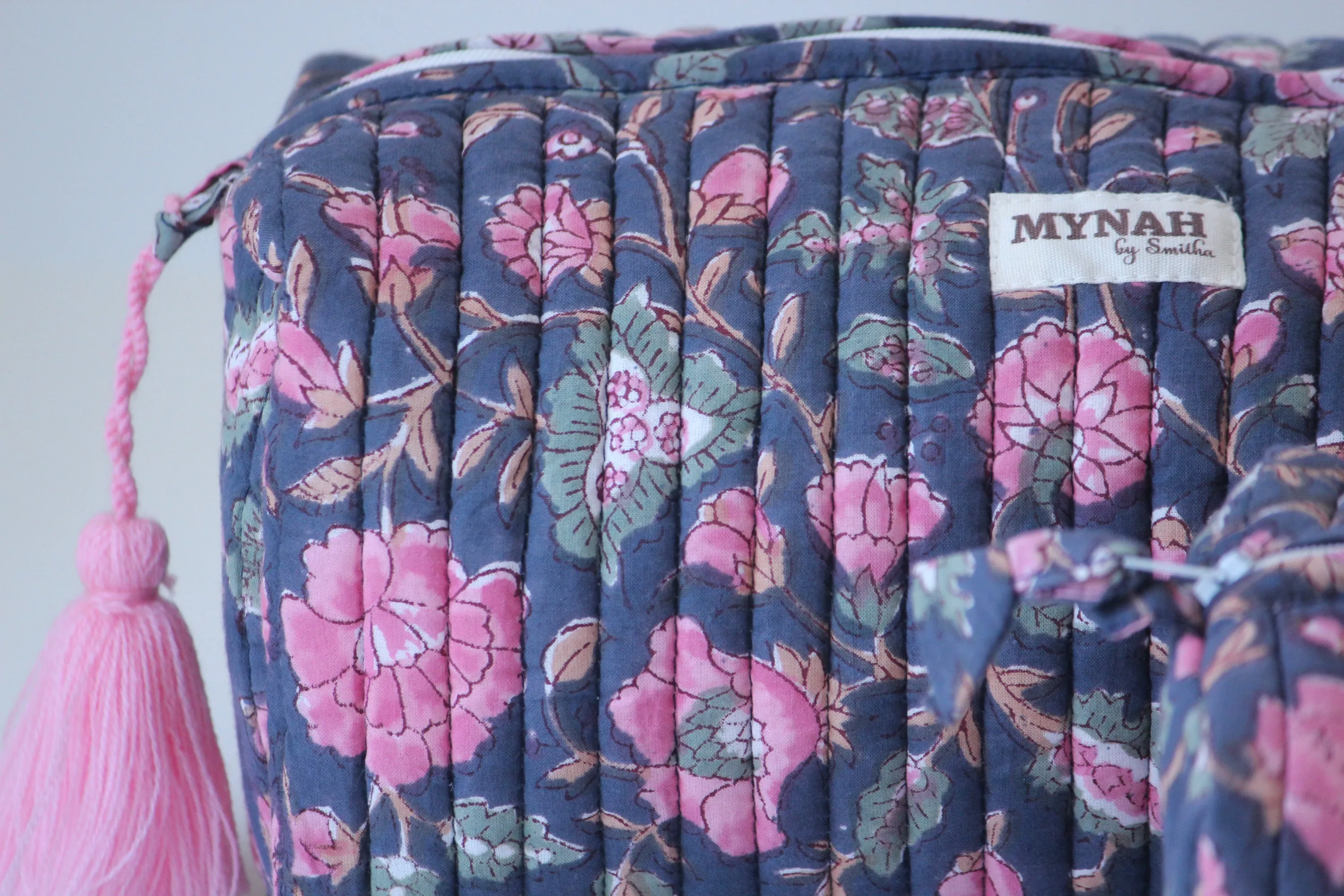 'INDIAN ROSE GARDEN' hand block printed quilted travel/makeup zipper pouch-set of 3