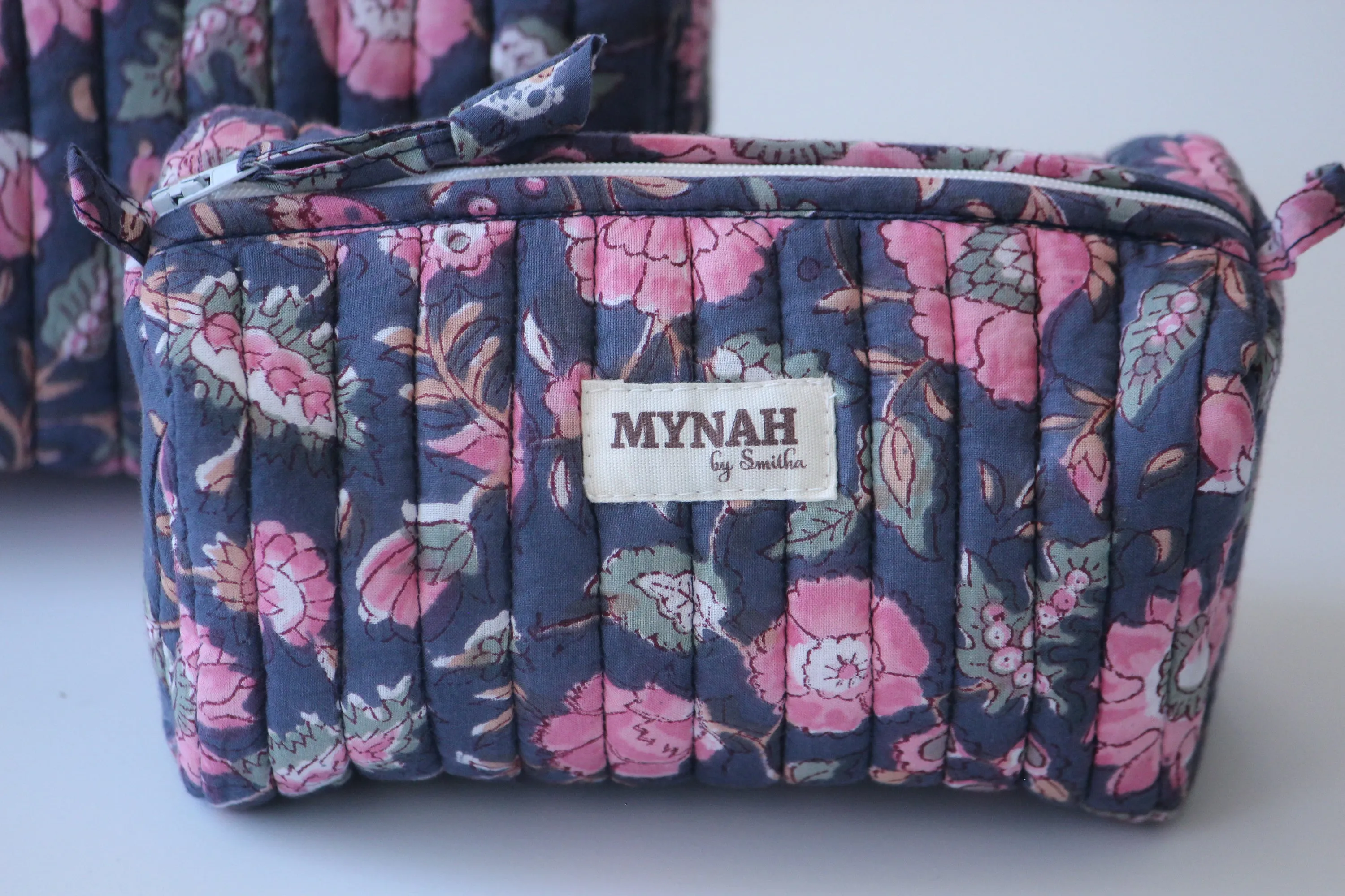 'INDIAN ROSE GARDEN' hand block printed quilted travel/makeup zipper pouch-set of 3