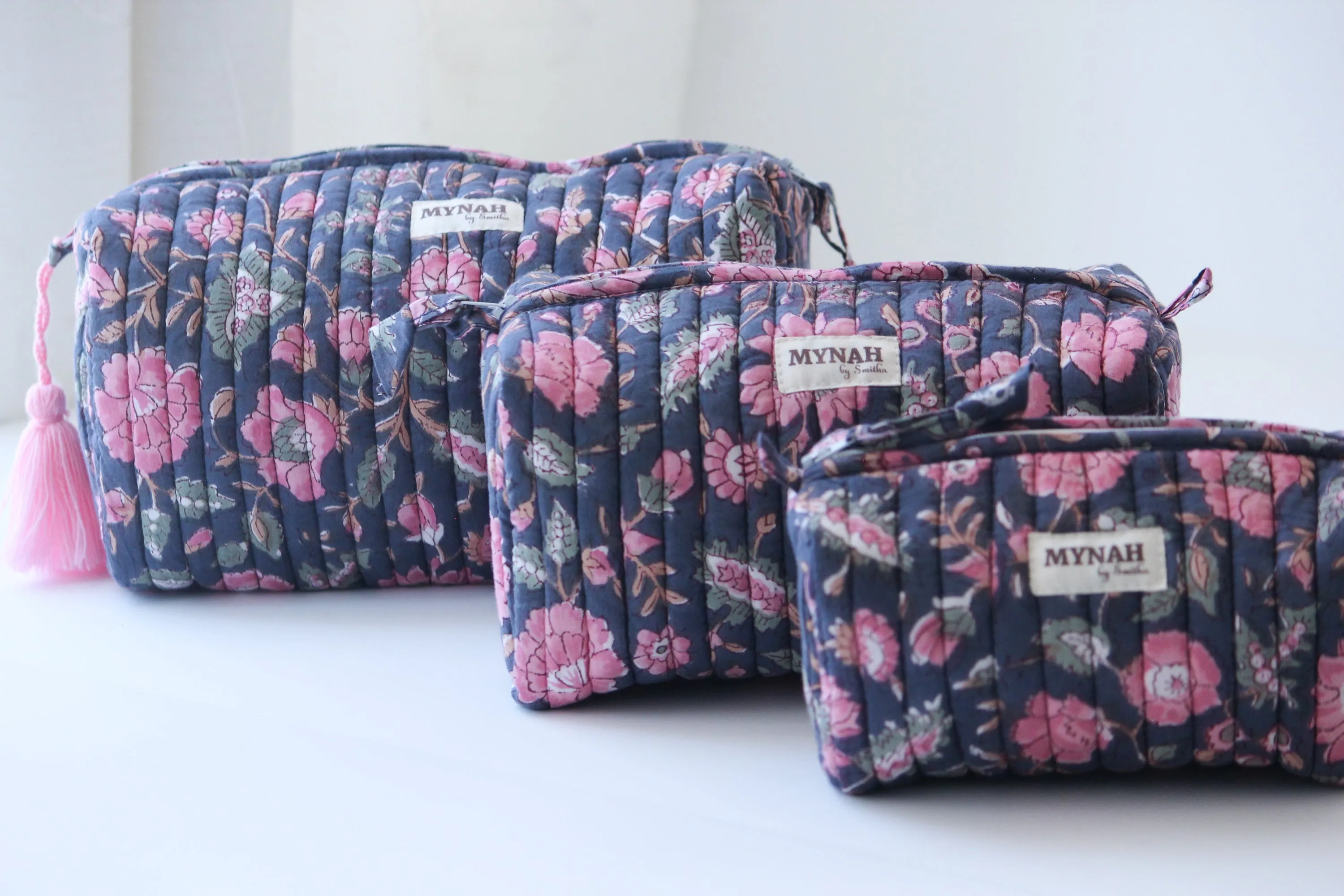 'INDIAN ROSE GARDEN' hand block printed quilted travel/makeup zipper pouch-set of 3