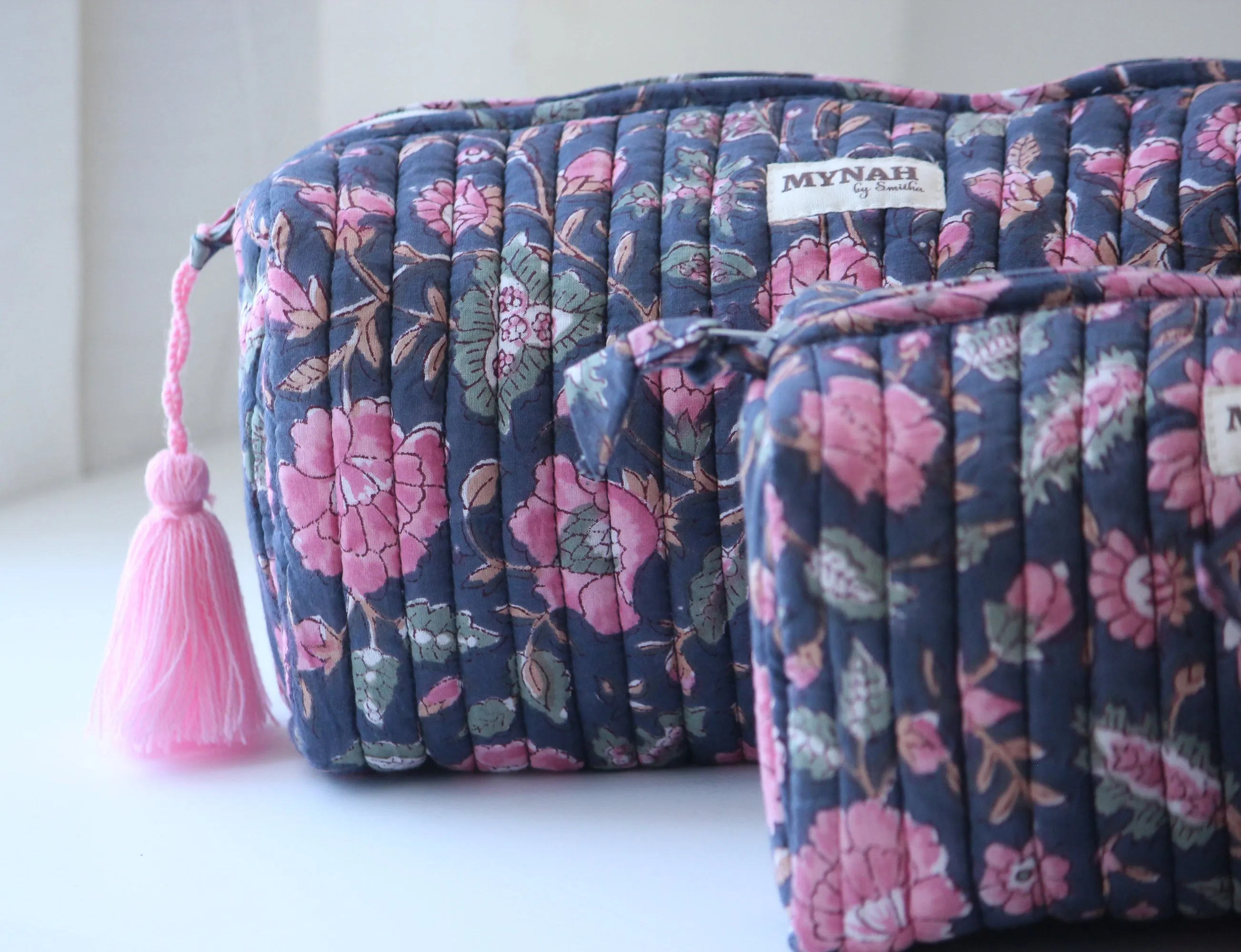'INDIAN ROSE GARDEN' hand block printed quilted travel/makeup zipper pouch-set of 3