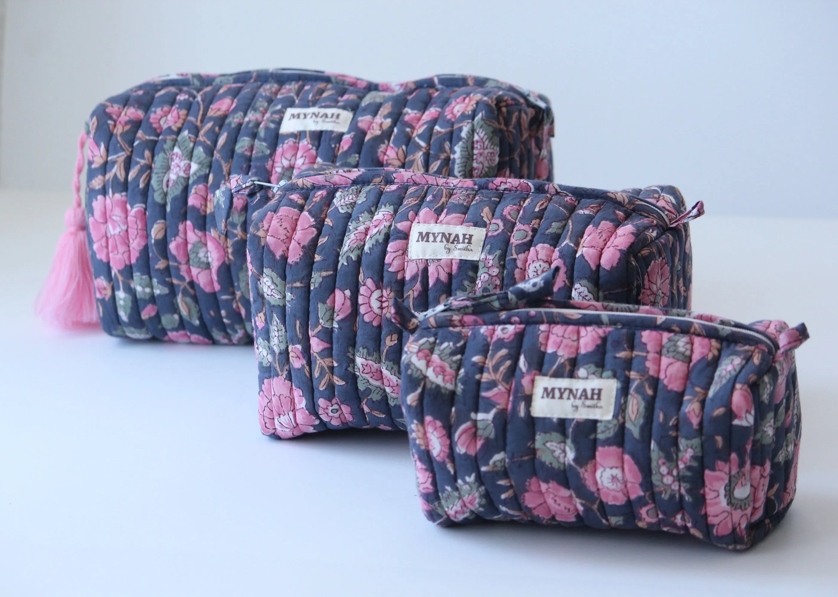 'INDIAN ROSE GARDEN' hand block printed quilted travel/makeup zipper pouch-set of 3
