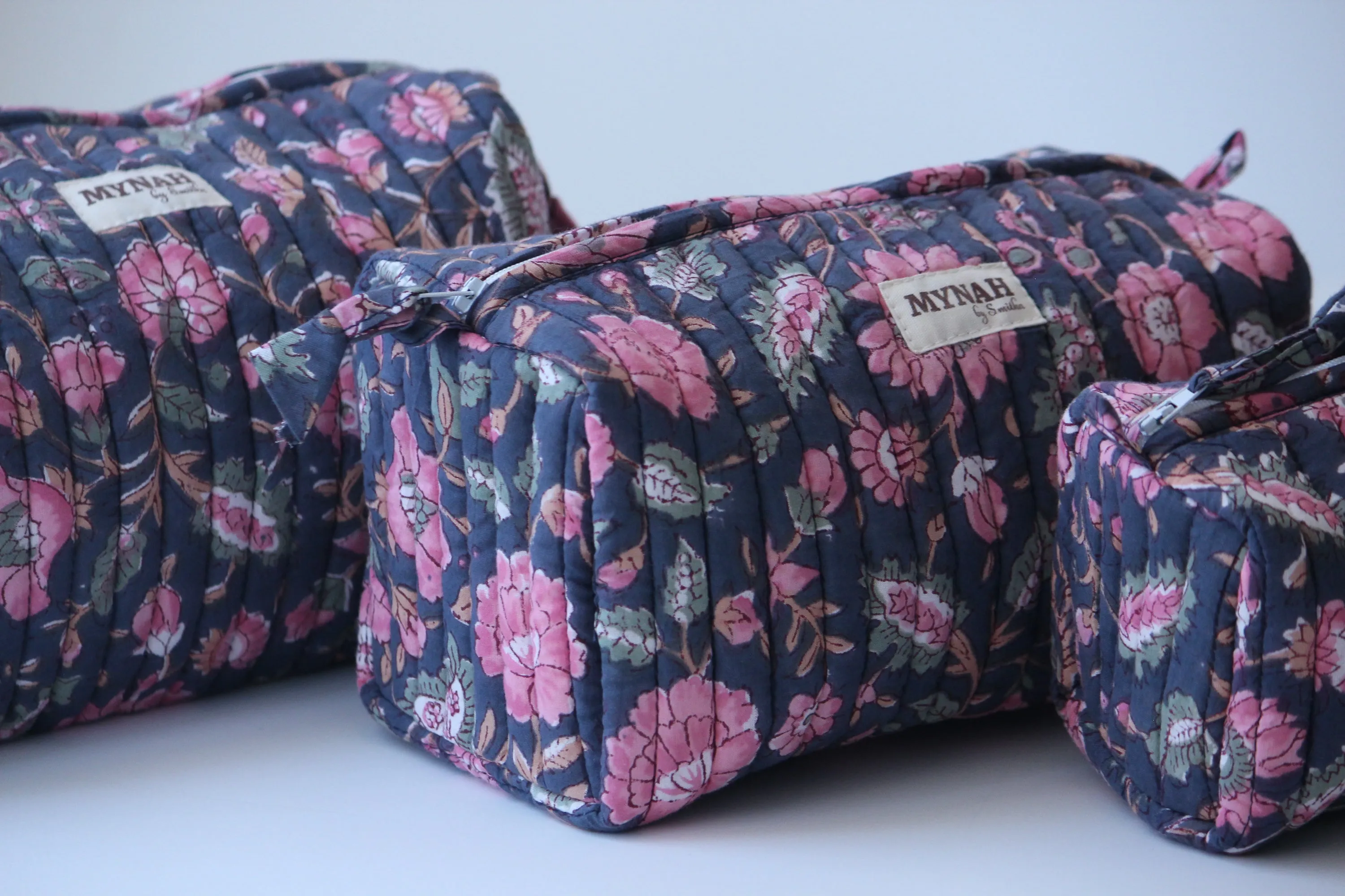 'INDIAN ROSE GARDEN' hand block printed quilted travel/makeup zipper pouch-set of 3