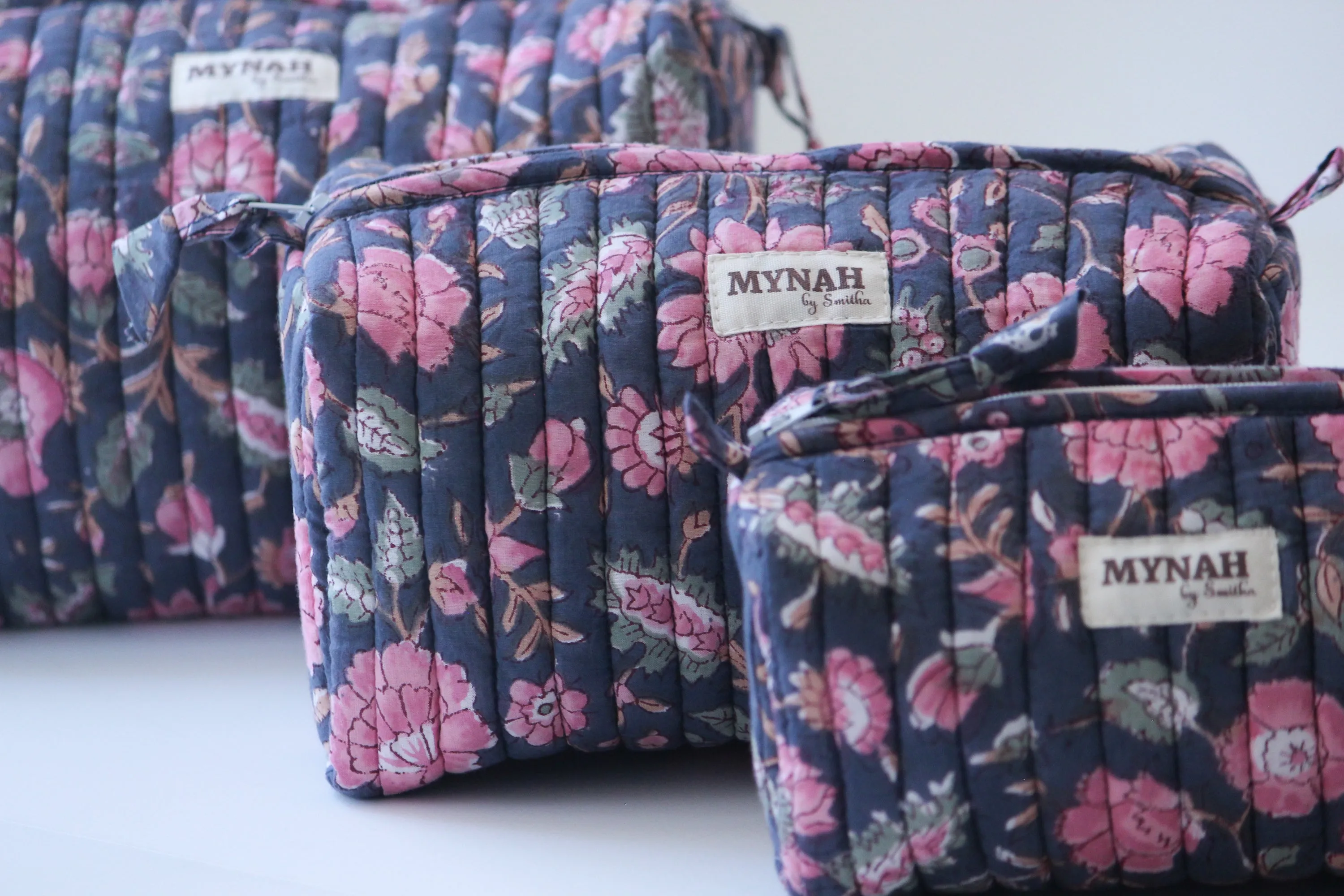 'INDIAN ROSE GARDEN' hand block printed quilted travel/makeup zipper pouch-set of 3