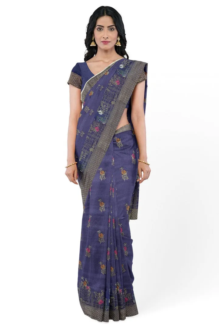 Indigo Blue Banarasi Silk Saree with Multicolor Meena Work