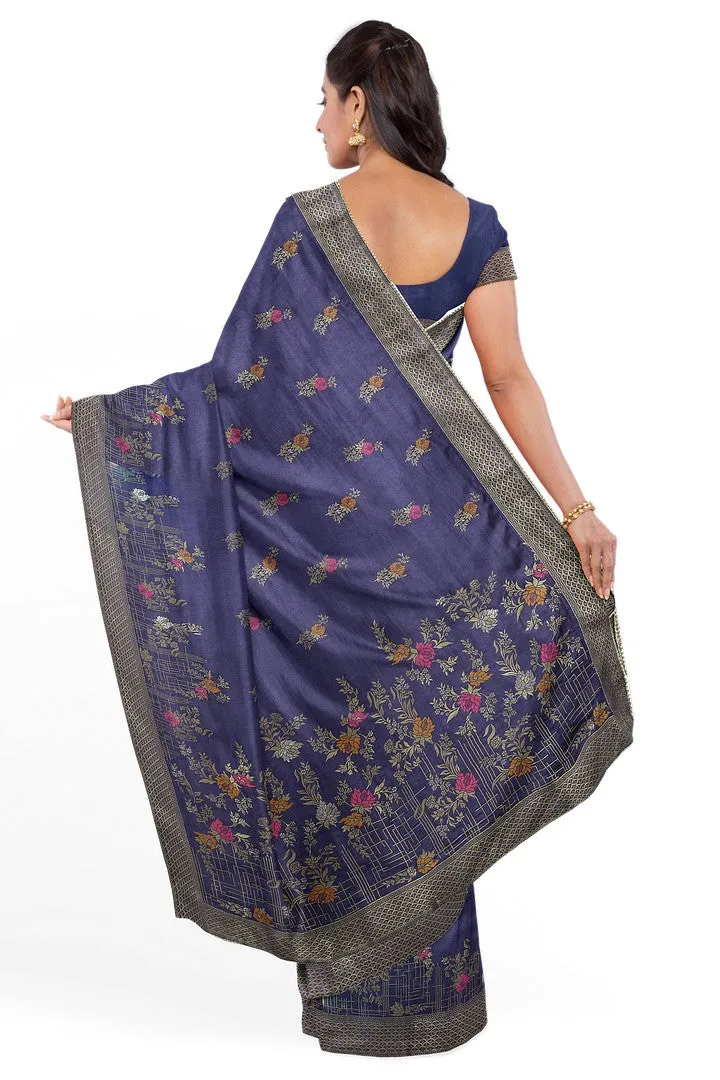 Indigo Blue Banarasi Silk Saree with Multicolor Meena Work