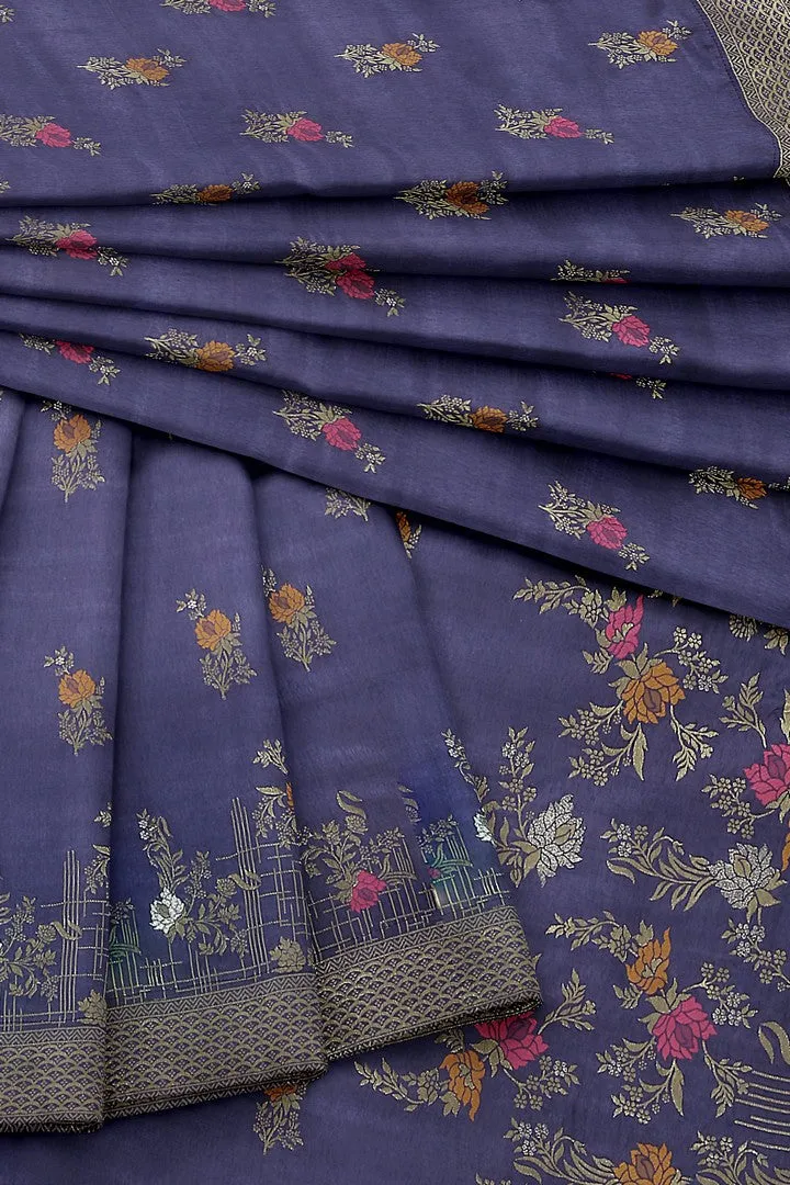 Indigo Blue Banarasi Silk Saree with Multicolor Meena Work