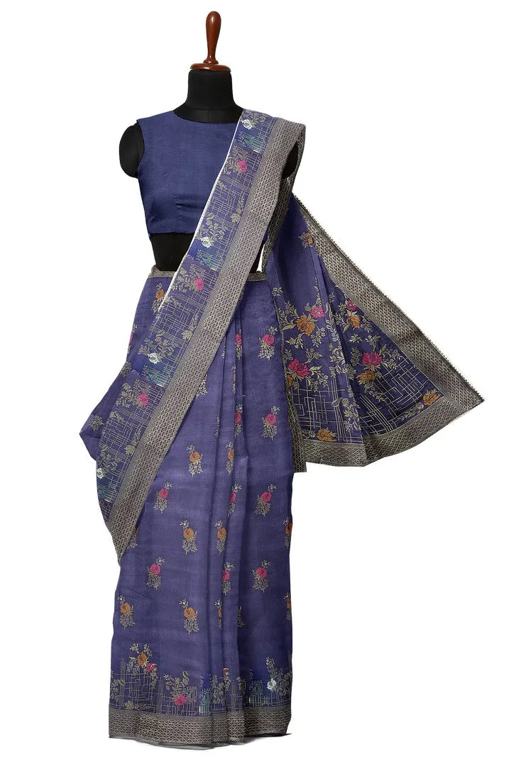 Indigo Blue Banarasi Silk Saree with Multicolor Meena Work