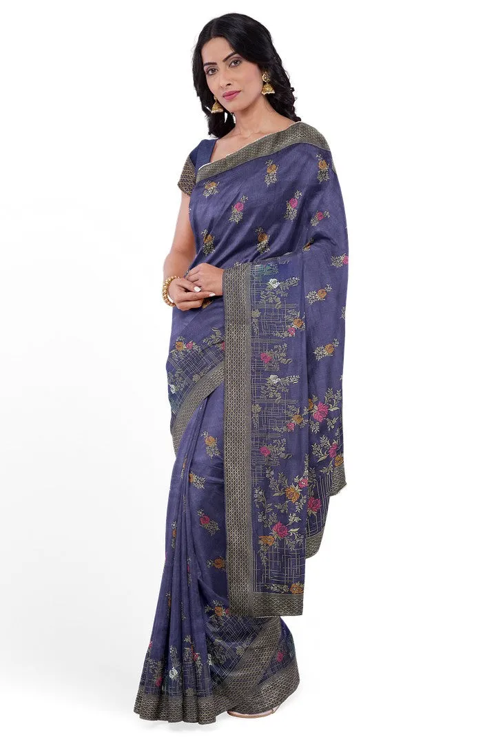 Indigo Blue Banarasi Silk Saree with Multicolor Meena Work