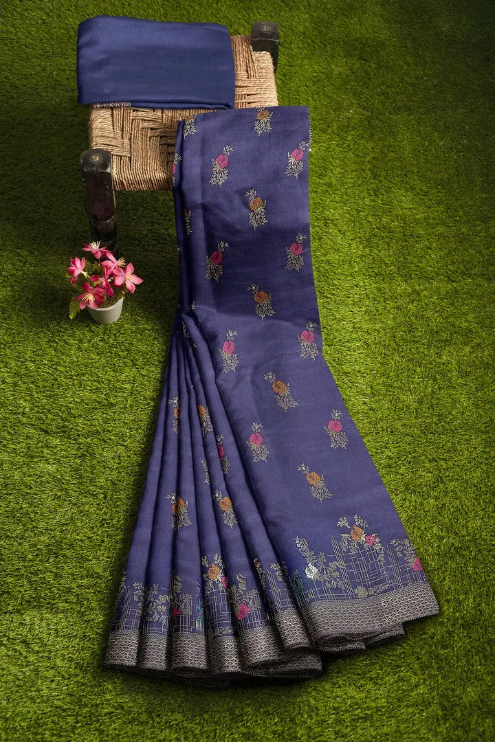Indigo Blue Banarasi Silk Saree with Multicolor Meena Work