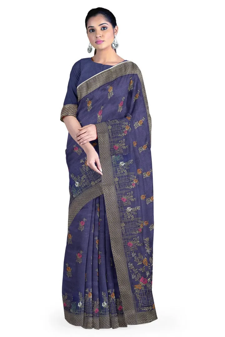Indigo Blue Banarasi Silk Saree with Multicolor Meena Work