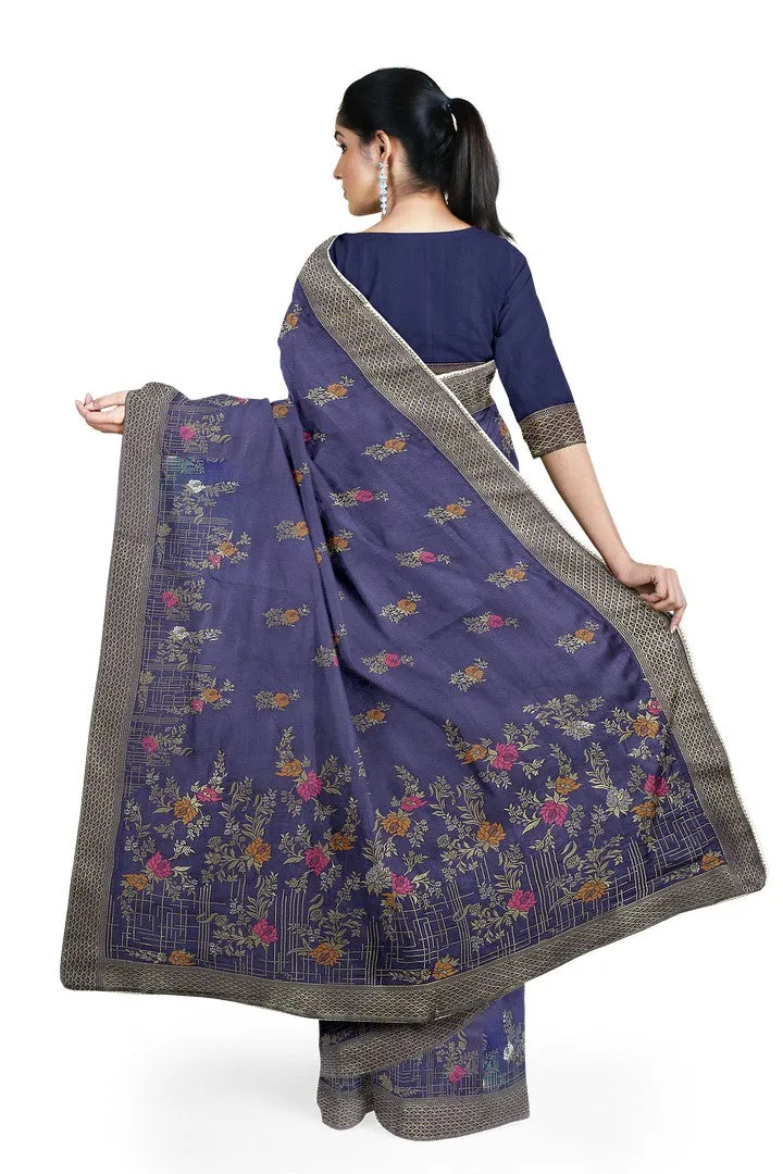 Indigo Blue Banarasi Silk Saree with Multicolor Meena Work