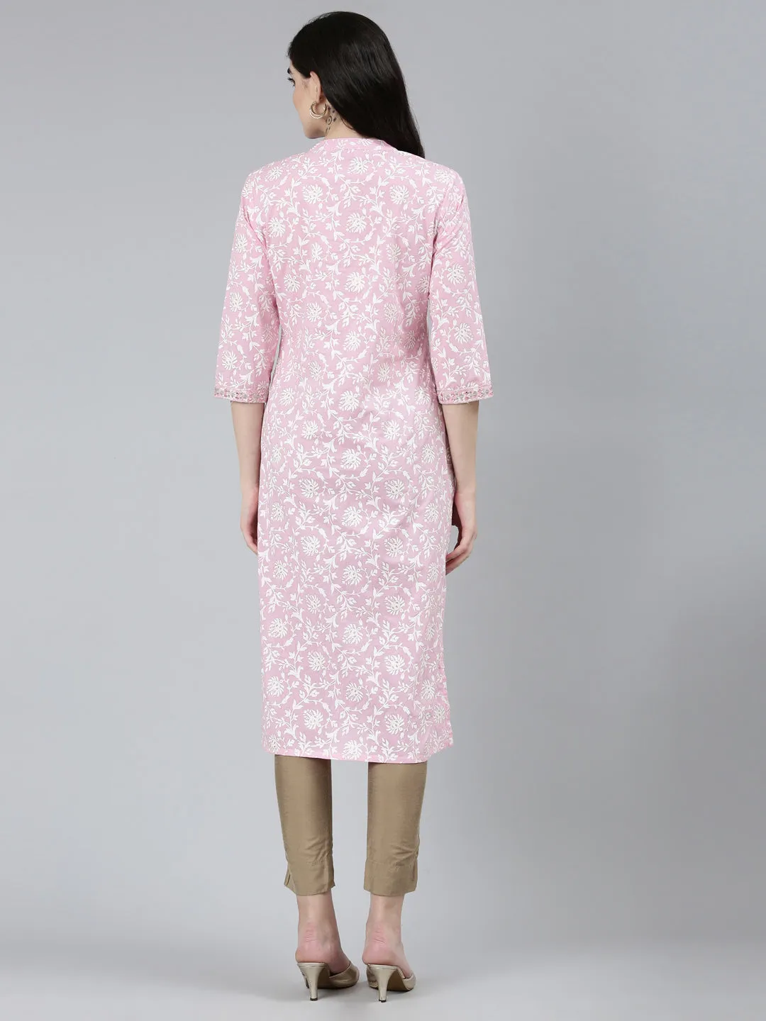 Neeru's Pink Regular Straight Floral Kurtas