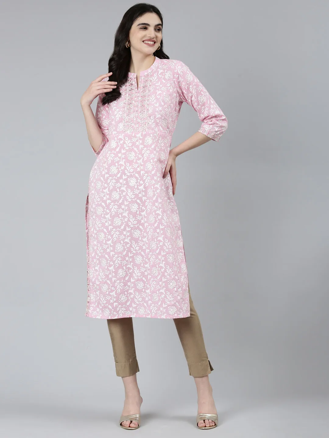 Neeru's Pink Regular Straight Floral Kurtas