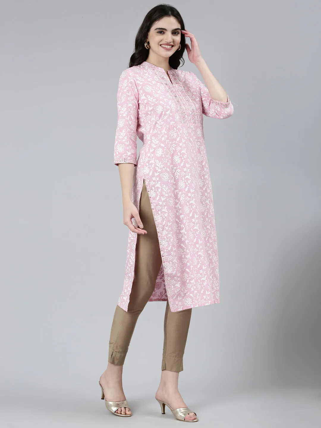 Neeru's Pink Regular Straight Floral Kurtas