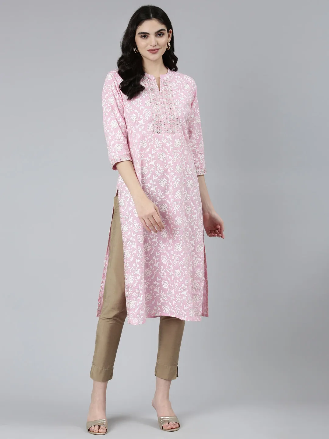 Neeru's Pink Regular Straight Floral Kurtas