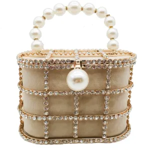 Pearl Handle Gold Crystal Handbag