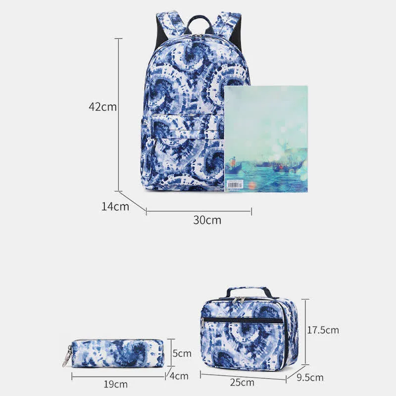 School Backpack Set 3 Pieces Tie-dye Girls Bookbags Lunch Bag Pencil Case