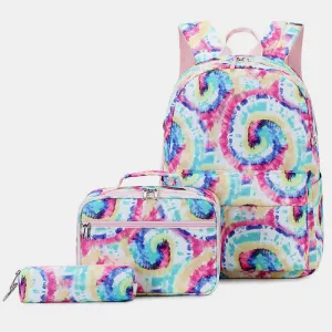 School Backpack Set 3 Pieces Tie-dye Girls Bookbags Lunch Bag Pencil Case