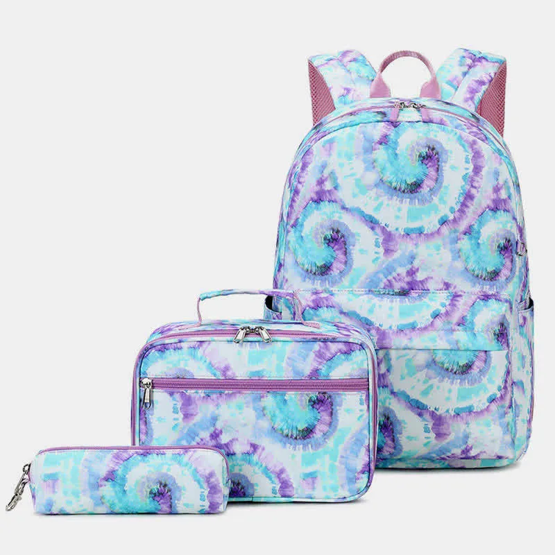 School Backpack Set 3 Pieces Tie-dye Girls Bookbags Lunch Bag Pencil Case